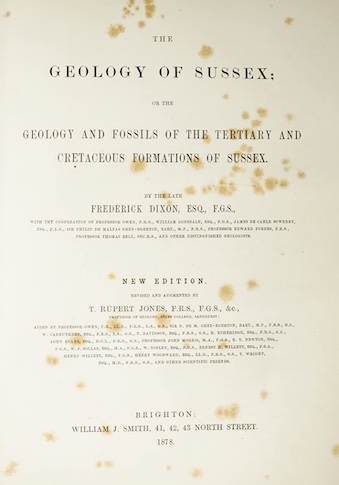 Dixon, Frederick - The Geology of Sussex; or the Geology and Fossils of the Tertiary and Cretaceous Formations of Sussex. new edition. revised and augmented by T. Rupert Jones. 65 lithographed plates (3 hand-coloured, 4